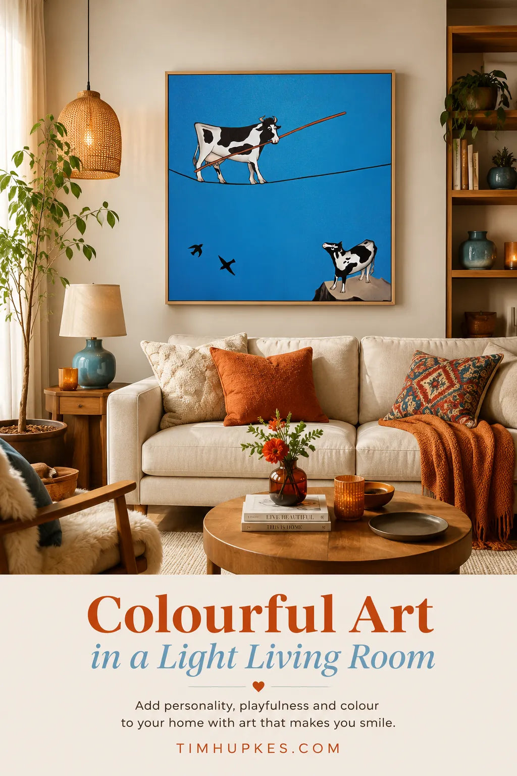 Canvas print Daredevil: a black and white cow walking a tightrope on a clear blue sky background, watched by another black and white cow, in a living room (light oak frame).