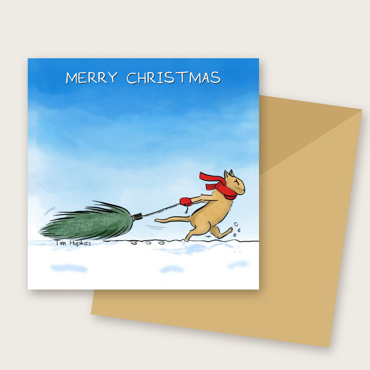 Cat Pulling a Christmas Tree greeting card by Tim Hupkes, with envelope