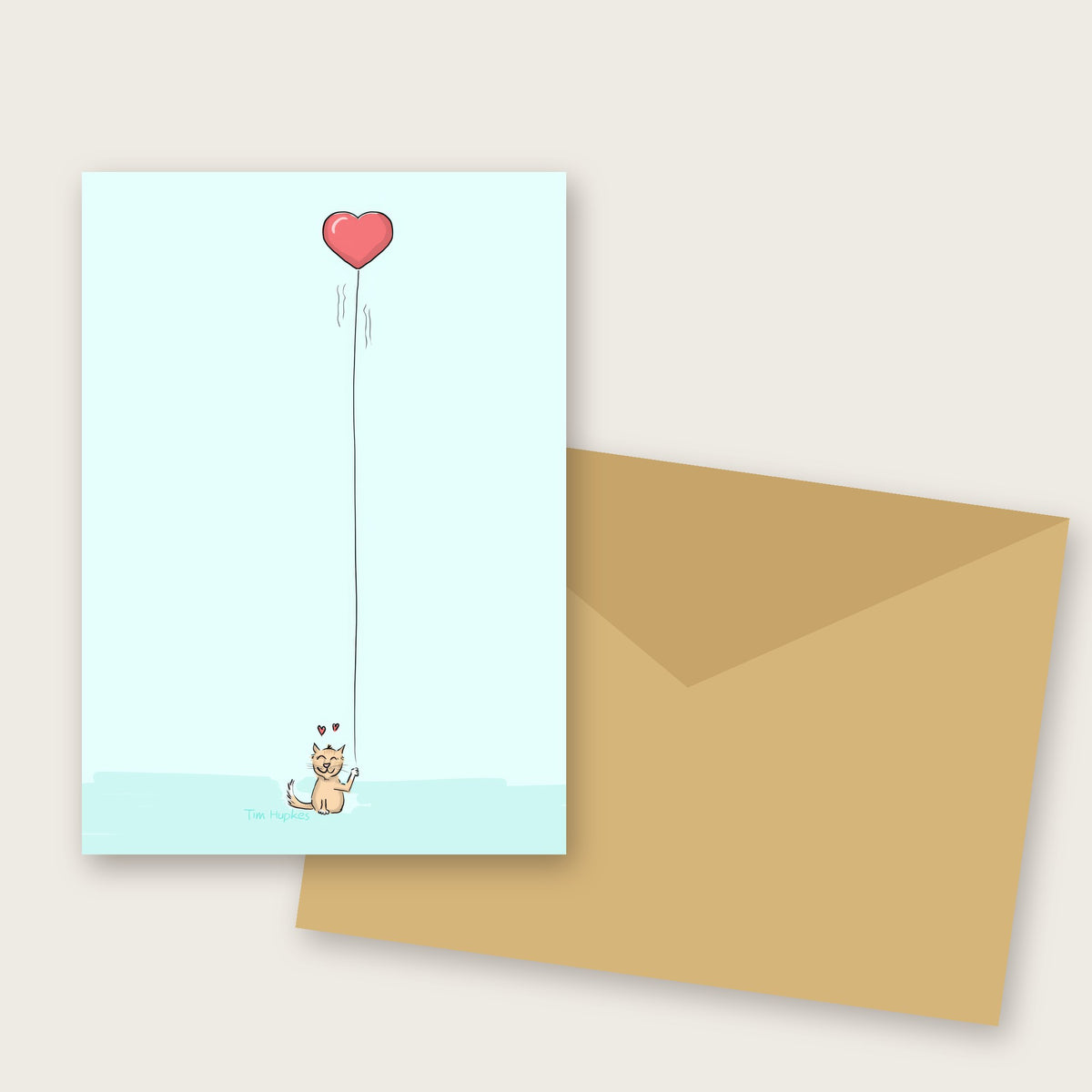 Kitten with a Heart Balloon greeting card by Tim Hupkes, with envelope
