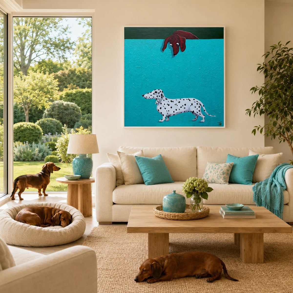Freckles original painting in a white frame above a cream sofa in a living room
