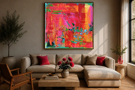 Large canvas print in pink, red and gold on a green background, title Having Fun. Hung in a dark oak frame above the sofa.