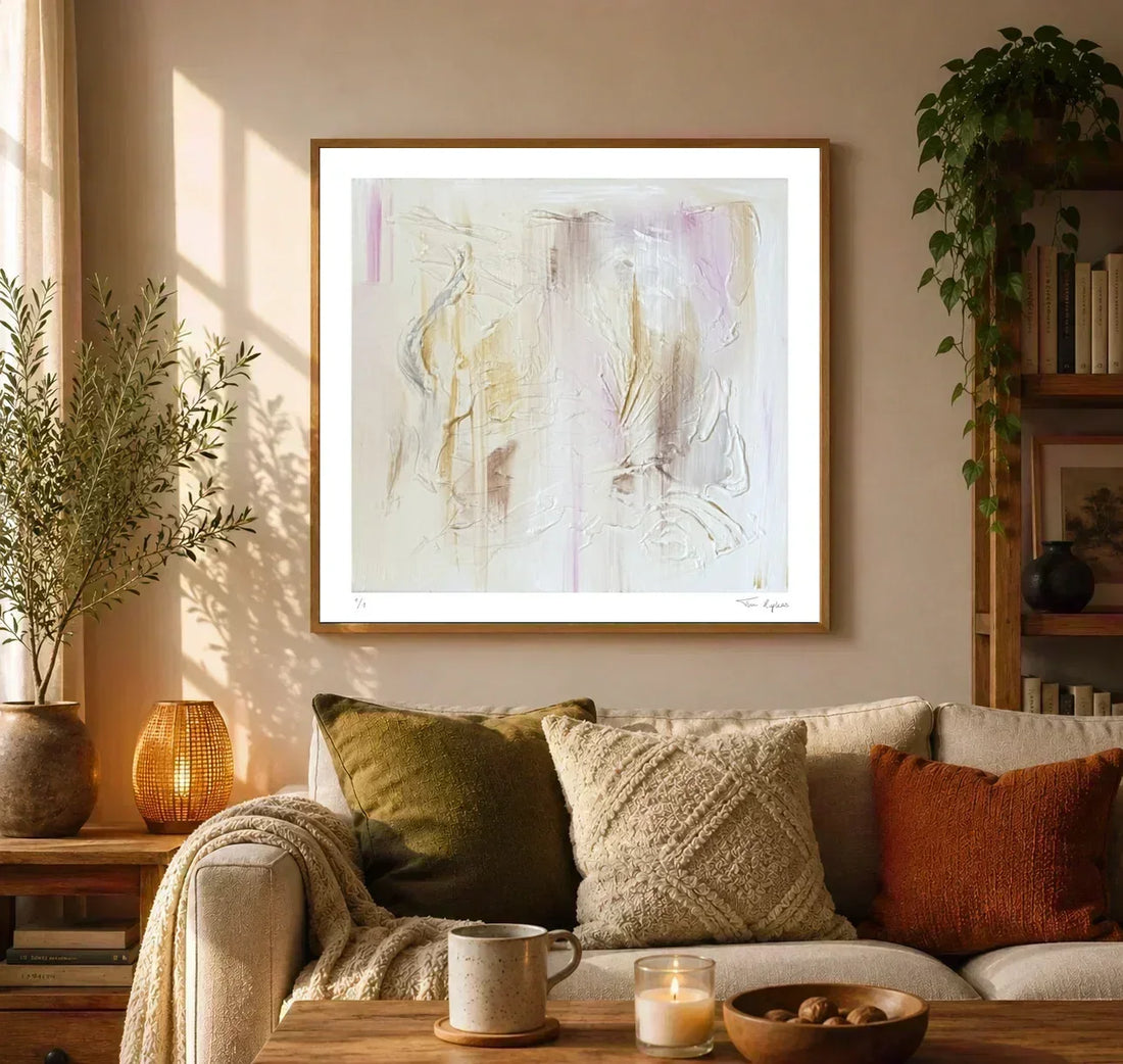 Limited Edition fine art paper print Prelude, oak frame. Above the sofa.