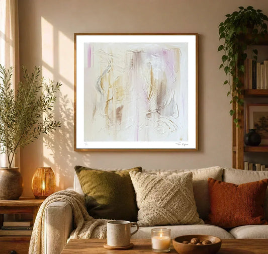 Limited Edition fine art paper print Prelude, oak frame. Above the sofa.