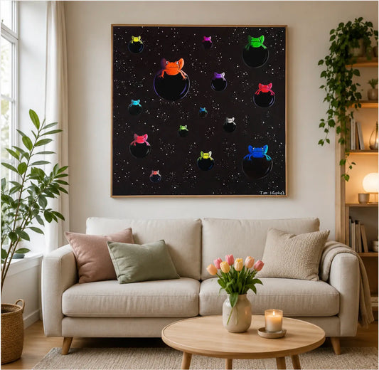 Universal, colourful frogs floating on air bubbles in the universe, above the sofa