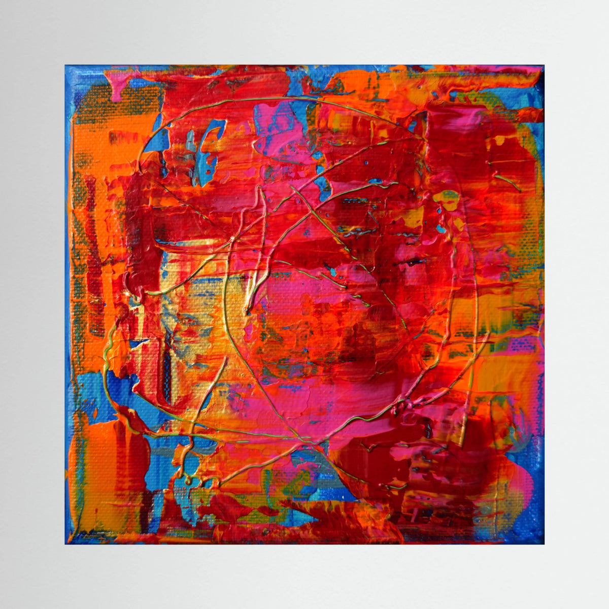 Unframed Spirit of Joy by Tim Hupkes canvas print, showing bold red, pink and orange abstract brushwork with blue edges