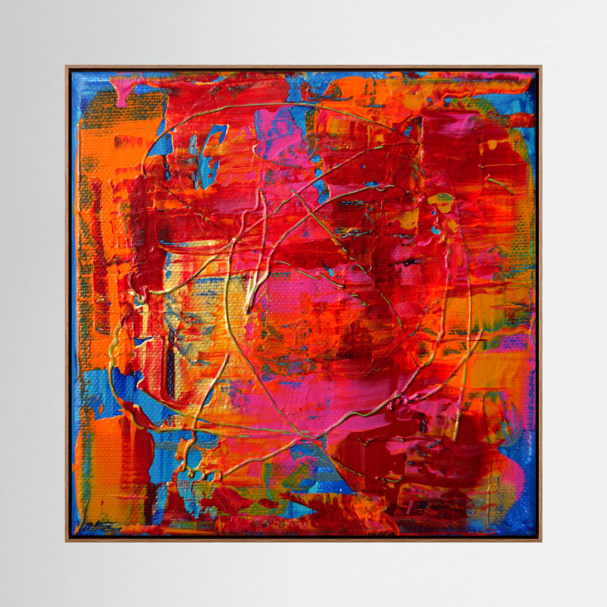 Spirit of Joy by Tim Hupkes in a natural oak frame, a vivid abstract of red and orange tones crossed by thin golden lines