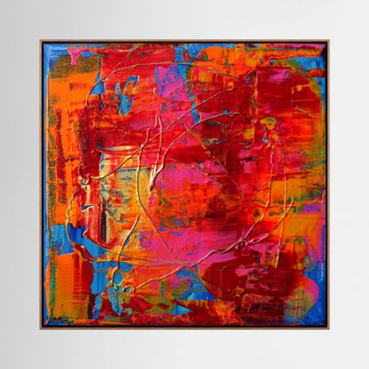 Spirit of Joy by Tim Hupkes in a natural oak frame, a vivid abstract of red and orange tones crossed by thin golden lines