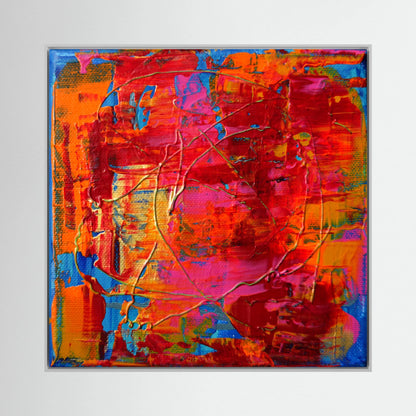 Spirit of Joy by Tim Hupkes, an abstract in red, orange, pink and blue with fine gold lines, in a thin white frame