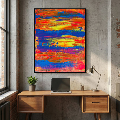 Abstract werk After the Heat van Tim Hupkes in een zwarte lijst aan een betonnen muur boven een houten bureau met laptop en lamp in een thuiskantoor