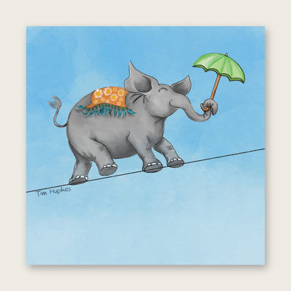 The Tightrope Elephant greeting card by Tim Hupkes