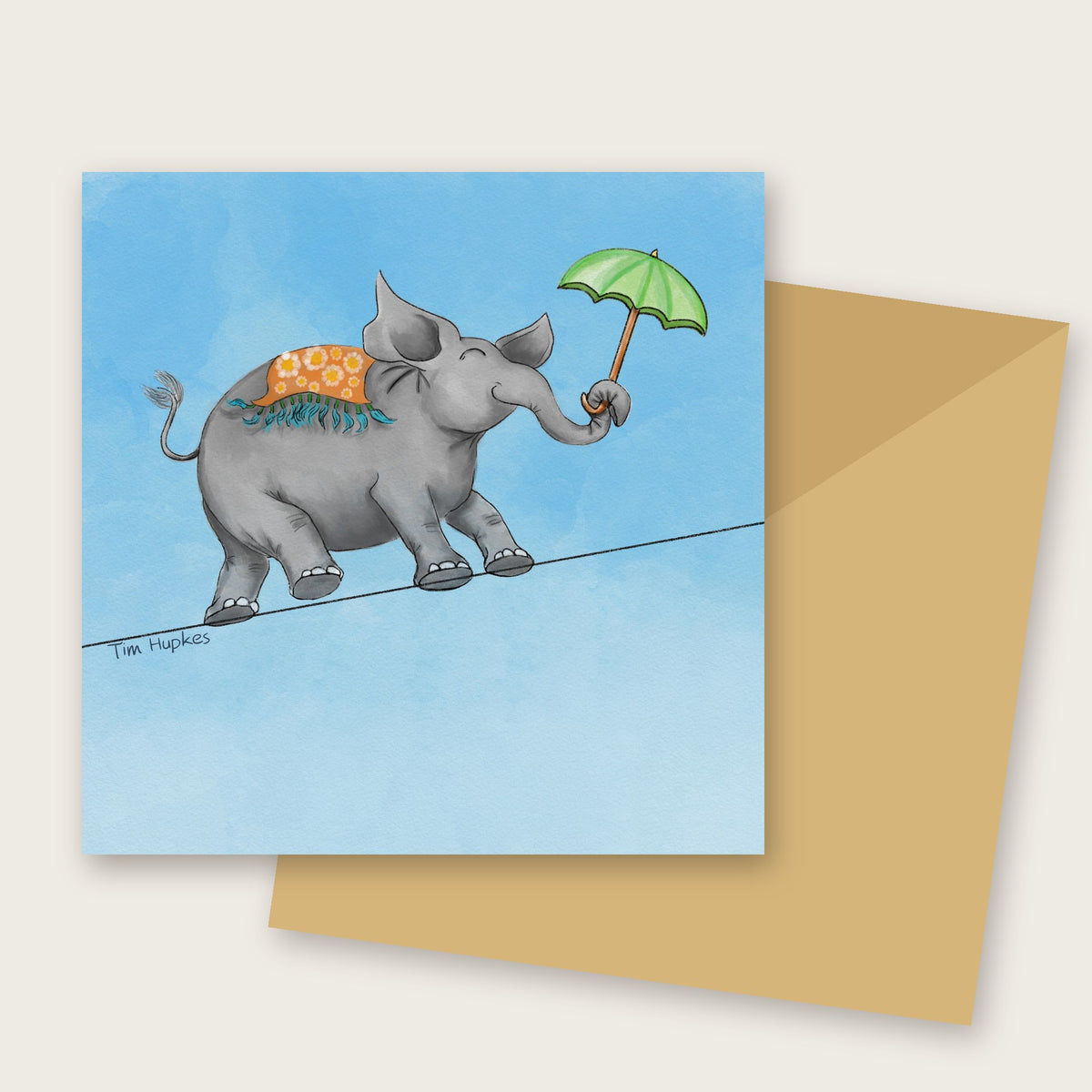 The Tightrope Elephant greeting card by Tim Hupkes, with envelope