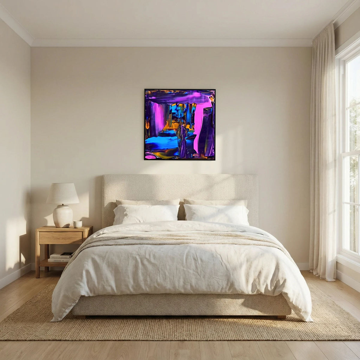 Coming out of Hiding van Tim Hupkes, een fel roze en blauw abstract werk in een zwarte lijst, boven een wit bed in een zonnige slaapkamer