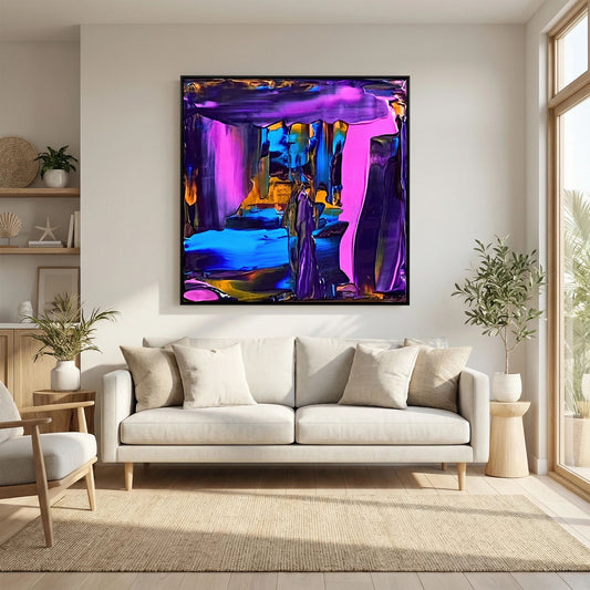 Coming out of Hiding by Tim Hupkes in a black frame, its purple and blue abstract shapes hanging above a cream sofa in a bright living room