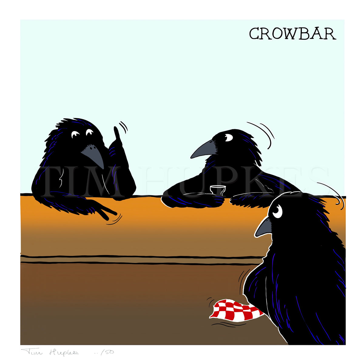 Crowbar by Tim Hupkes: three black crows leaning on a wooden bar, limited edition fine art print with signature and edition number