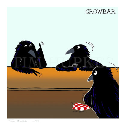Crowbar by Tim Hupkes: three black crows leaning on a wooden bar, limited edition fine art print with signature and edition number
