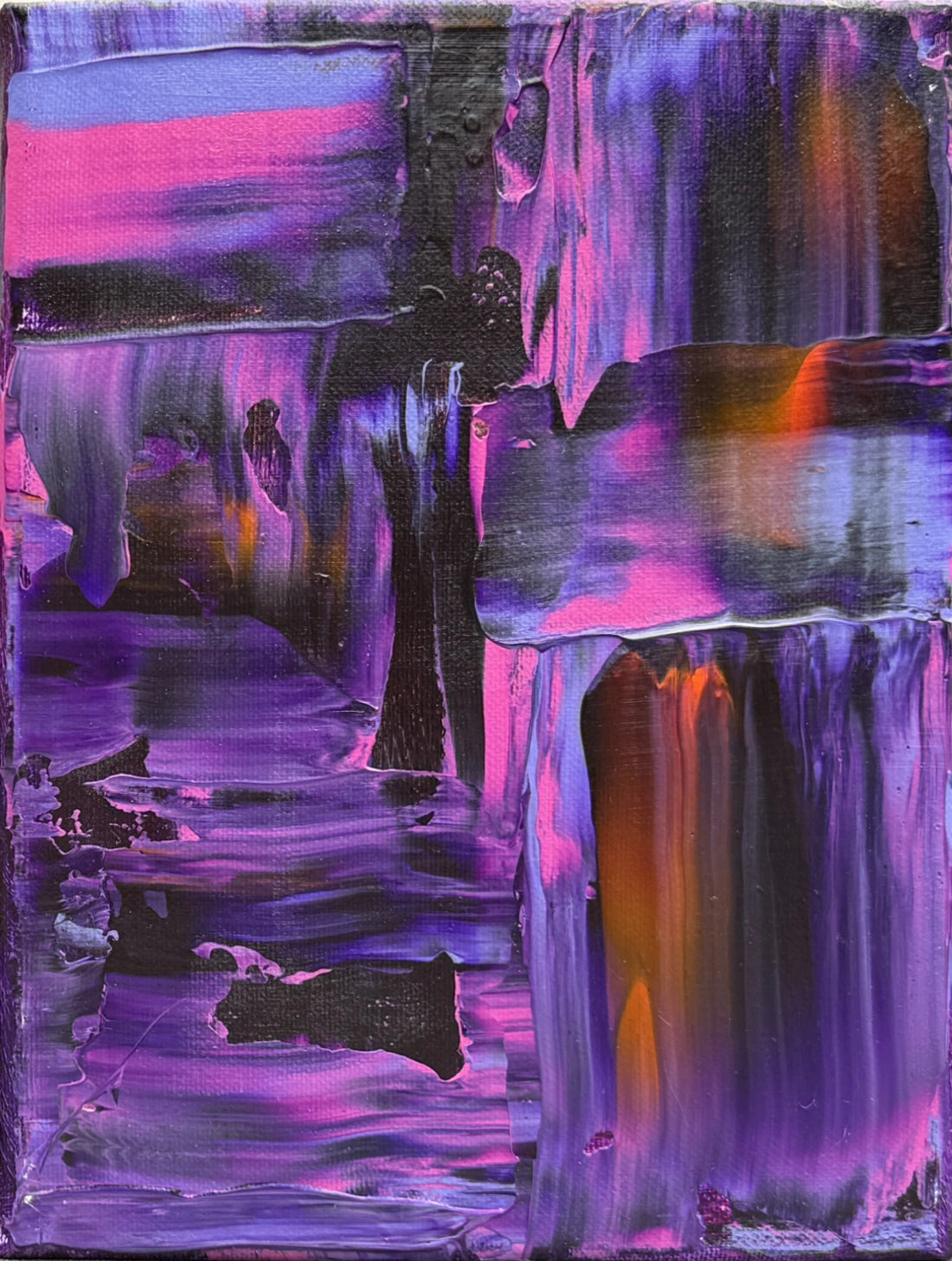 Origineel schilderij Dropping the Veil, felle, brede strepen in paars, oranje en zwart