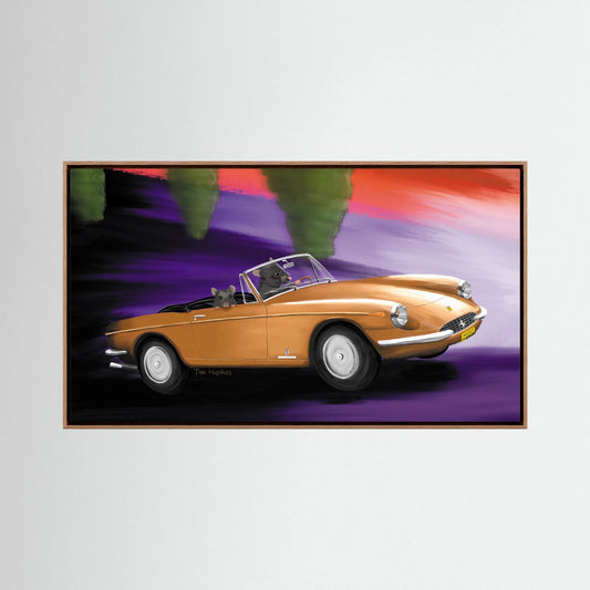 Road Trip van Tim Hupkes, canvasprint met muizen in een oranje cabrio, in een naturel eiken lijst aan een effen muur