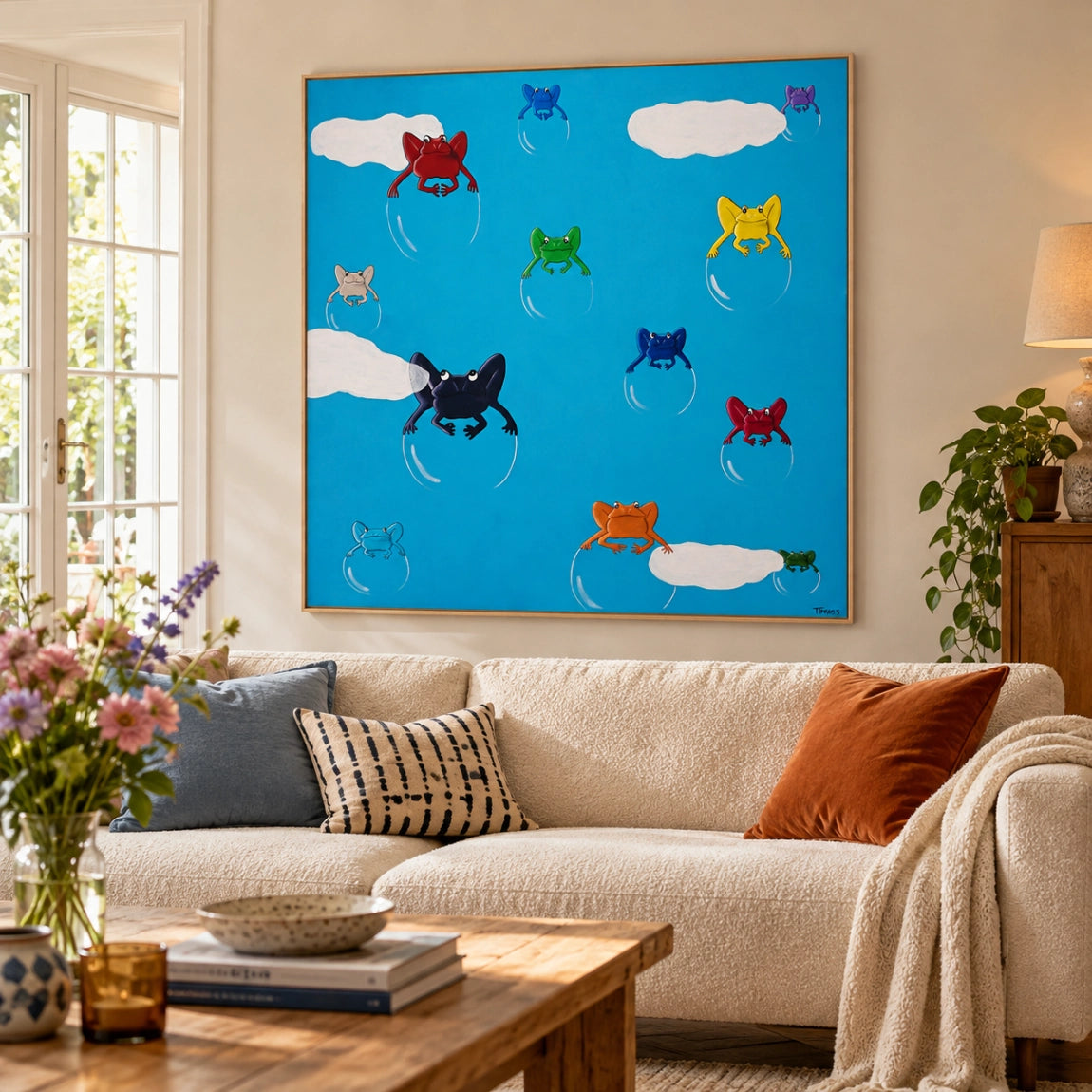 Floating on Air by Tim Hupkes painting of colourful frogs on bubbles in a natural oak frame, hanging above a cream sofa in a living room
