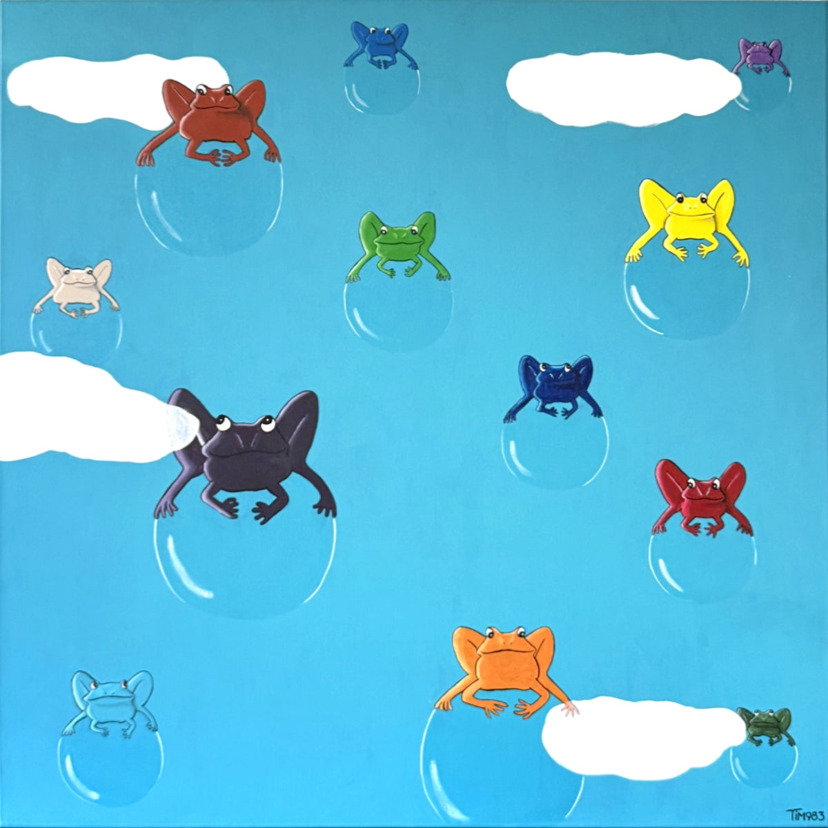 Floating on Air by Tim Hupkes, colourful frogs riding soap bubbles across a blue sky with white clouds, shown unframed