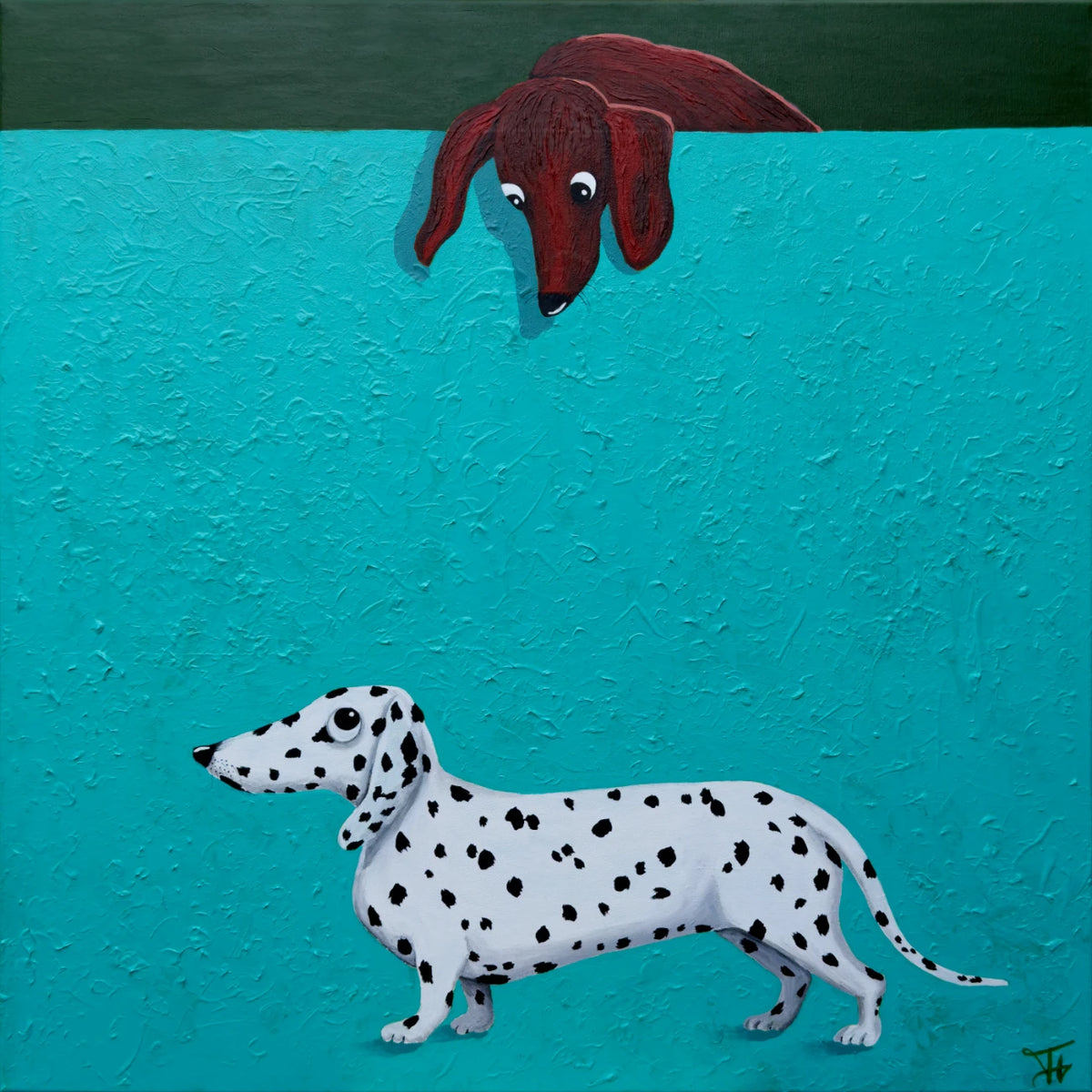 Freckles, original painting of two dachshunds on turquoise by Tim Hupkes