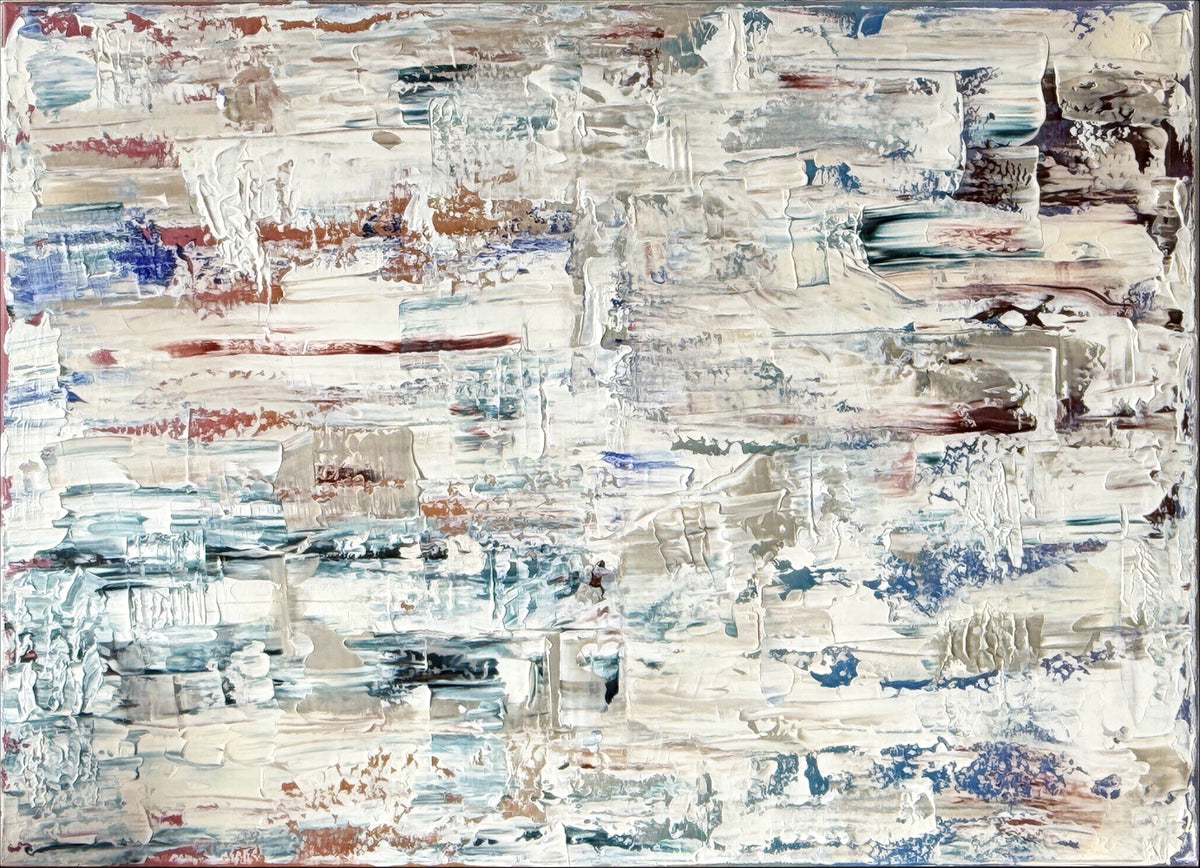 The Morning Lands by Tim Hupkes, unframed abstract with textured white strokes and streaks of blue, teal and rust red