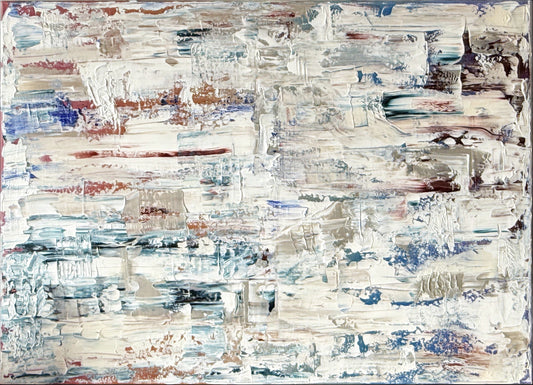 The Morning Lands van Tim Hupkes, abstract werk zonder lijst met witte streken met textuur en strepen blauw, petrolblauw en roestrood