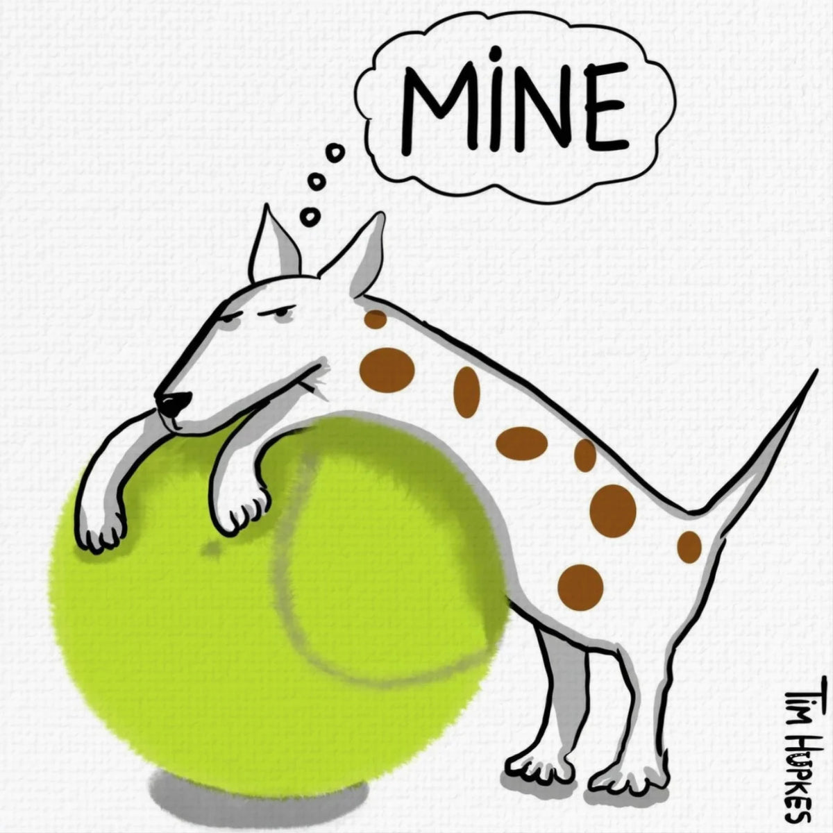 Canvasprint Mine: hondje dat over een enorme tennisbal hangt.