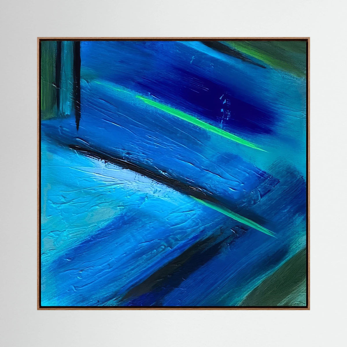 Moving Past van Tim Hupkes in een naturel eiken lijst, een blauw abstract werk met diagonale groene en donkere lijnen op een effen achtergrond