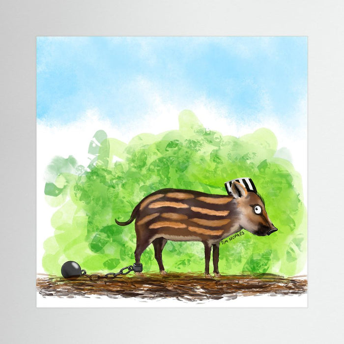 Prison Piglet by Tim Hupkes, unframed, a striped piglet in a prison cap chained to a ball before green bushes