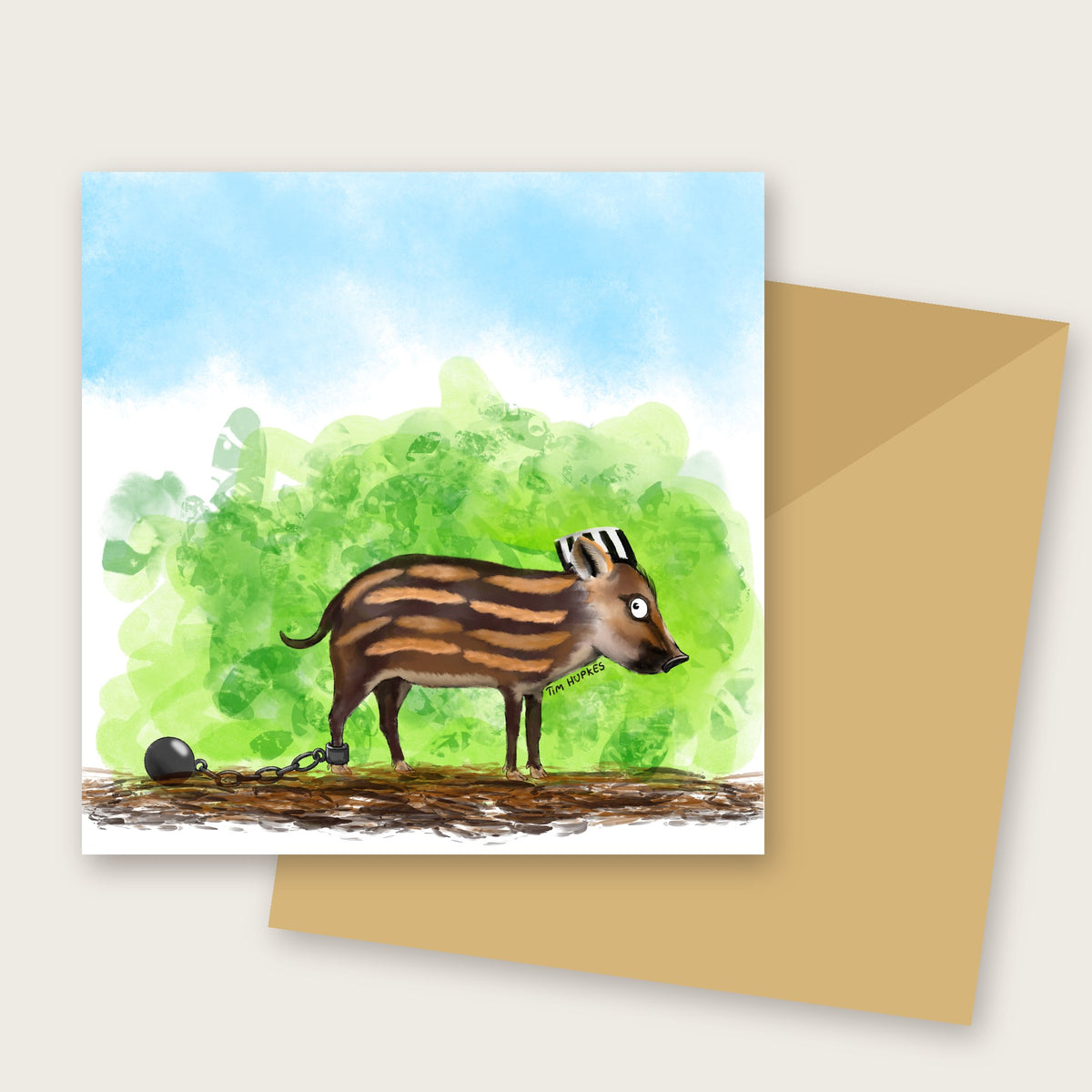 Prison Piglet greeting card by Tim Hupkes, with envelope