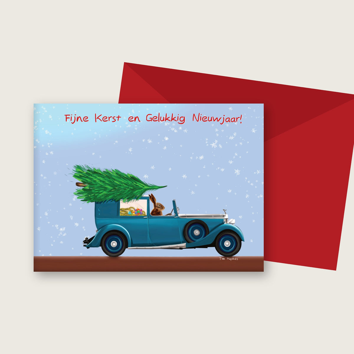Rolling Hare Christmas card by Tim Hupkes, with envelope