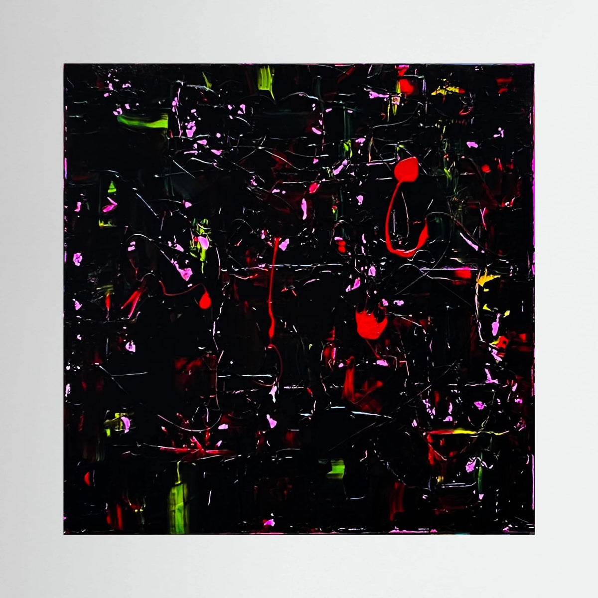 Unframed Electric Night by Tim Hupkes canvas print showing tangled lines and neon splatters of red, pink and green on black