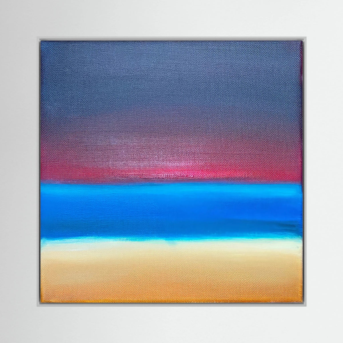 Afterglow by Tim Hupkes, an abstract sunset of dusky sky, pink glow, blue sea and golden sand in a white frame