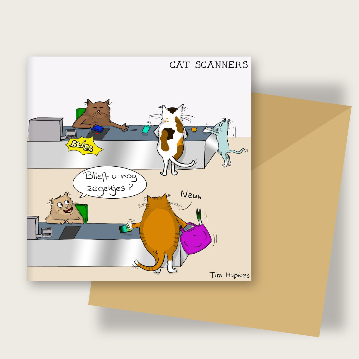 Cat Scanners greeting card by Tim Hupkes, Dutch version, with envelope