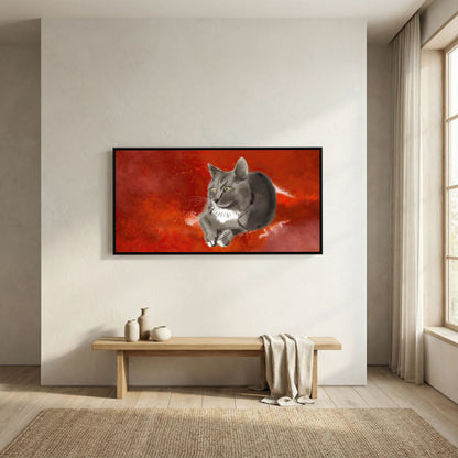 Penny canvas print in a black frame above a light wooden bench in a bright minimalist room with a window