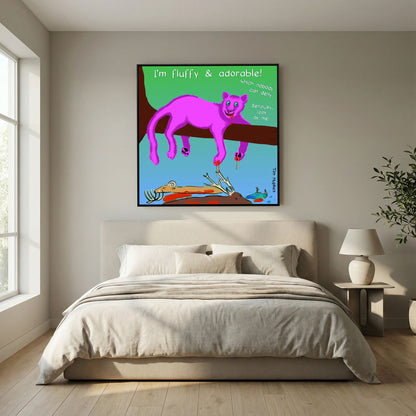 Fluffy Pink Panther by Tim Hupkes in a black frame hanging above a bed with beige linen in a sunlit bedroom
