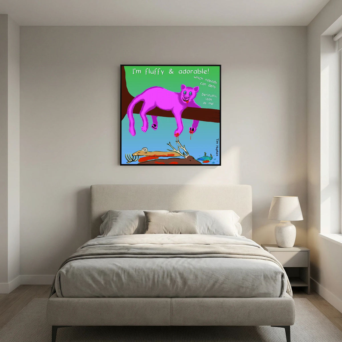 Fluffy Pink Panther by Tim Hupkes in a black frame above a grey upholstered bed in a calm, minimal bedroom