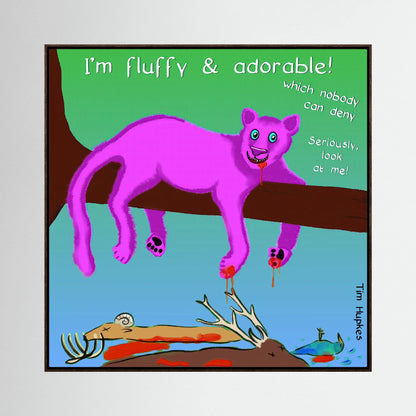 Fluffy Pink Panther by Tim Hupkes in a dark oak frame, a fluffy pink cat on a branch with blood dripping from its paws
