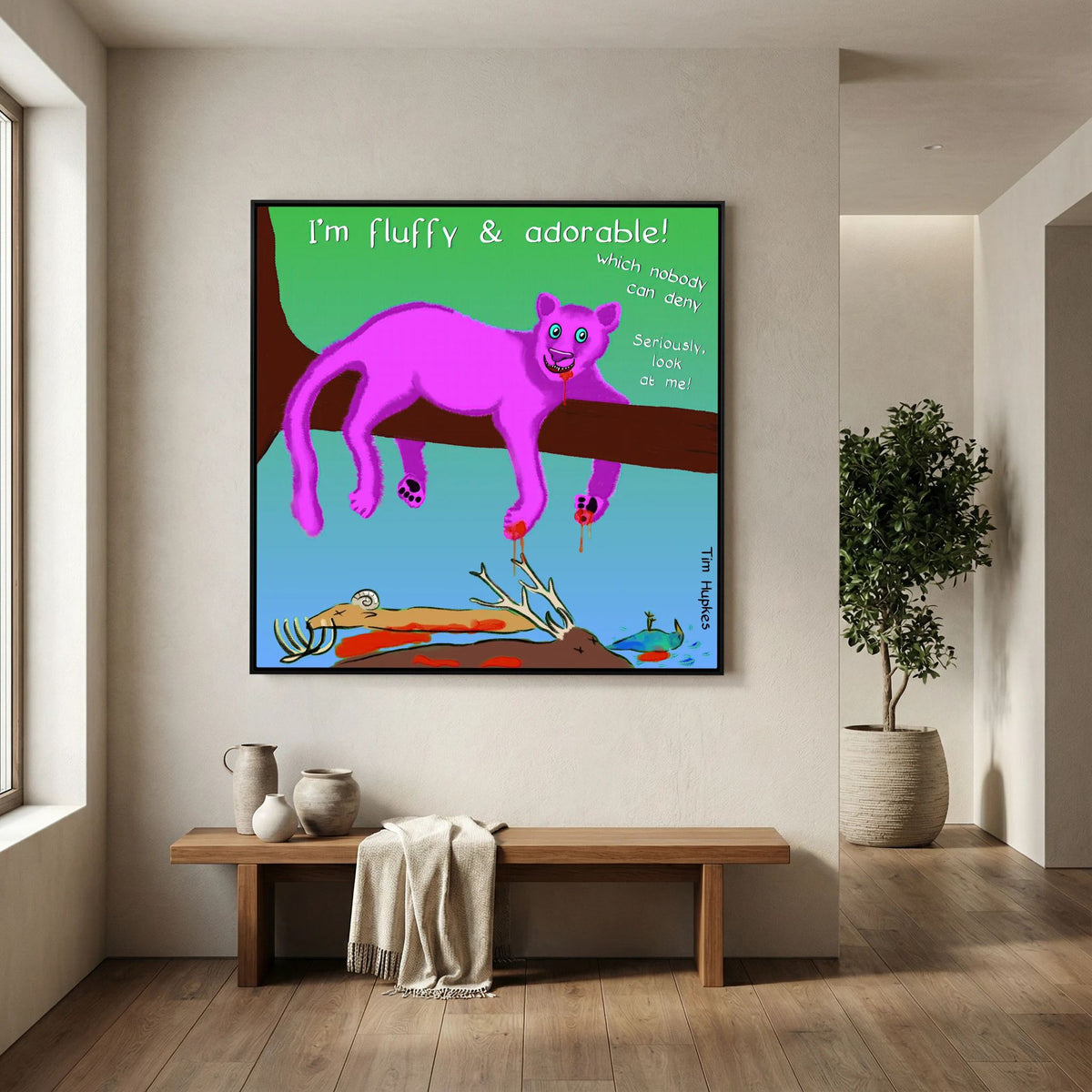 Fluffy Pink Panther by Tim Hupkes in a black frame above a wooden bench with vases in a light hallway