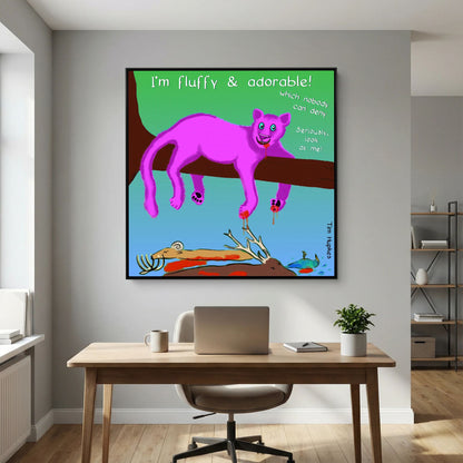 Fluffy Pink Panther by Tim Hupkes in a black frame above a wooden desk with a laptop in a grey home office
