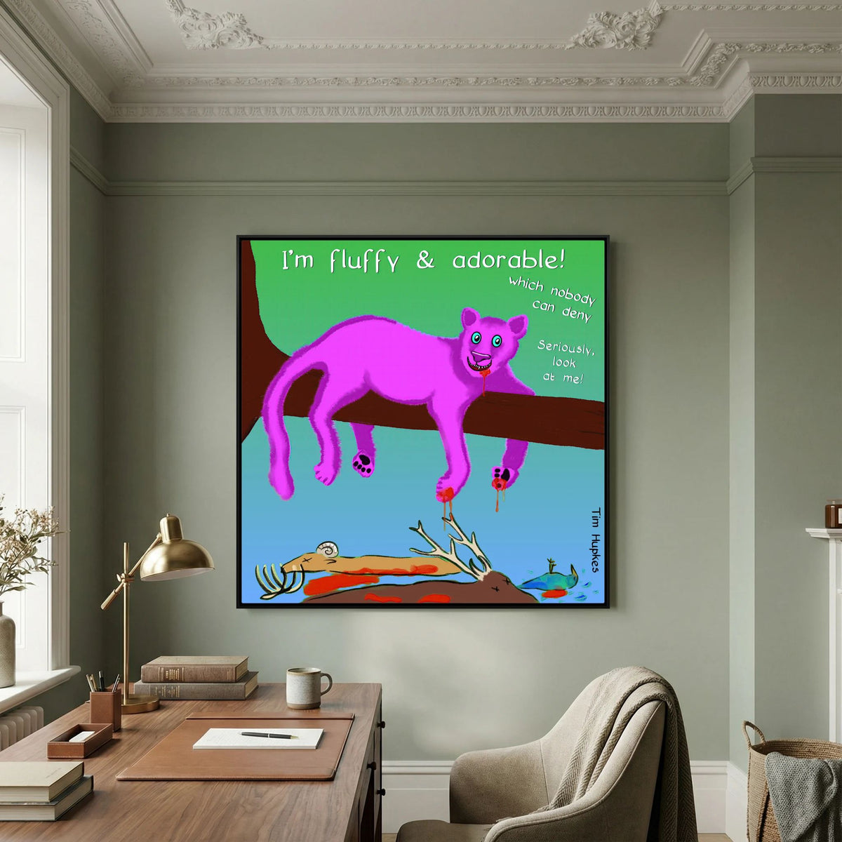 Black-framed Fluffy Pink Panther by Tim Hupkes in a classic study with ornate ceiling, desk and armchair