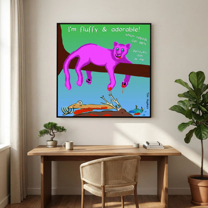 Black-framed Fluffy Pink Panther by Tim Hupkes over a simple wooden desk with a woven chair and fig plant