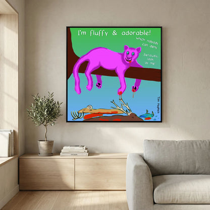 Fluffy Pink Panther by Tim Hupkes in a black frame above a low sideboard beside a grey sofa in a living room