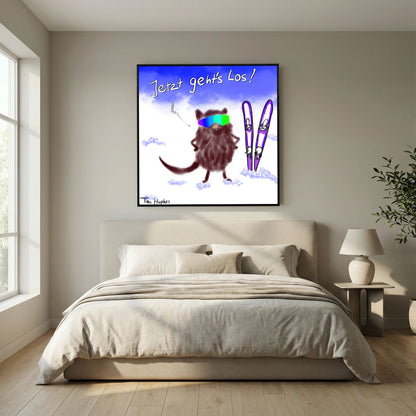 Ski-themed Jetzt Geht's Los by Tim Hupkes artwork in a black frame hanging above a bed in a calm, neutral bedroom