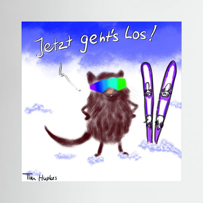 Unframed Jetzt Geht's Los by Tim Hupkes print with a shaggy brown creature in colourful goggles and skis planted in snow