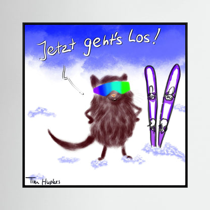 Jetzt Geht's Los by Tim Hupkes canvas print in a black frame, showing a goggled furry animal ready to ski under a blue sky