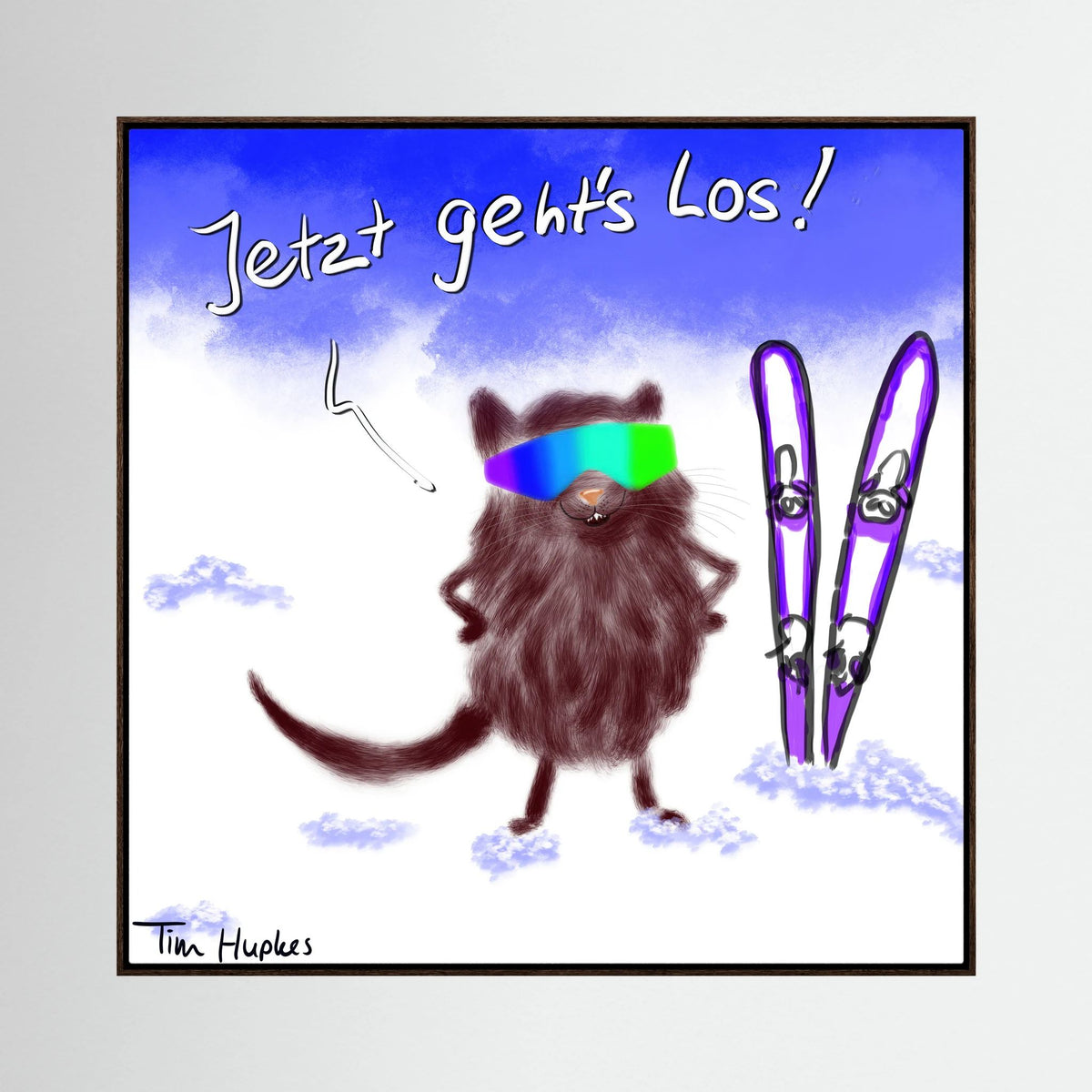 Jetzt Geht's Los by Tim Hupkes, a furry creature in ski goggles beside purple skis in the snow, in a dark oak frame