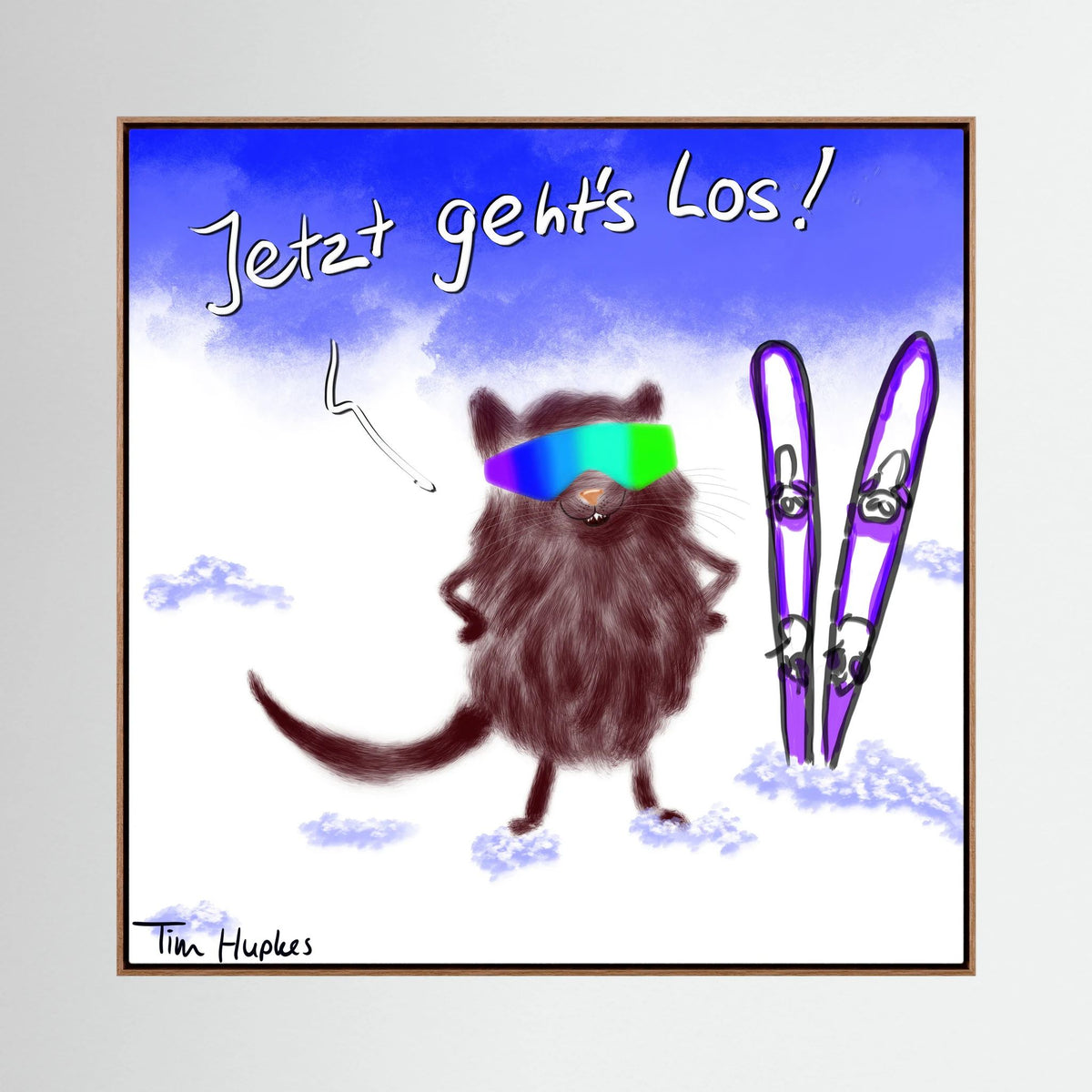 Natural oak framed Jetzt Geht's Los by Tim Hupkes, a cheerful furry skier with rainbow goggles standing next to purple skis