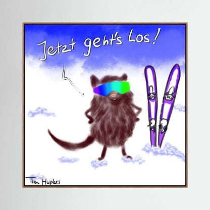 Natural oak framed Jetzt Geht's Los by Tim Hupkes, a cheerful furry skier with rainbow goggles standing next to purple skis