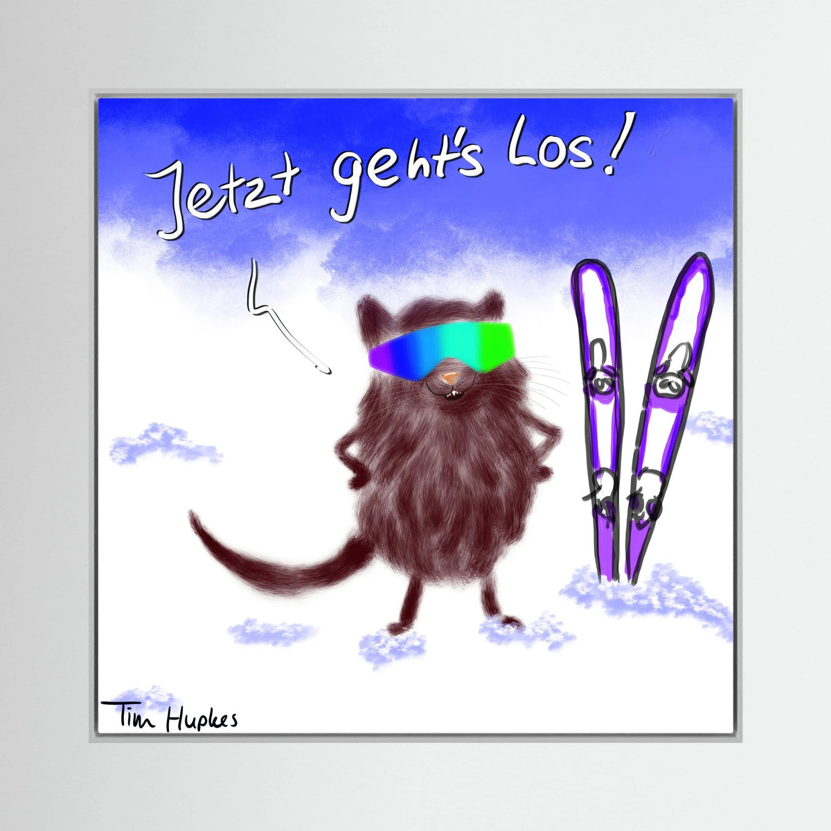 Jetzt Geht's Los by Tim Hupkes in a grey frame, a playful snowy scene of a furry animal wearing ski goggles beside its skis